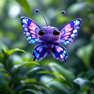 The primary subject of the image is a small, colorful butterfly with purple wings. It is perched on a leaf in a forest setting. The visual style of the image is a digital art or illustration, with the butterfly being the main focus of the scene. The colors and mood of the image are vibrant and lively, with the butterfly's purple wings standing out against the green leaf and surrounding forest.